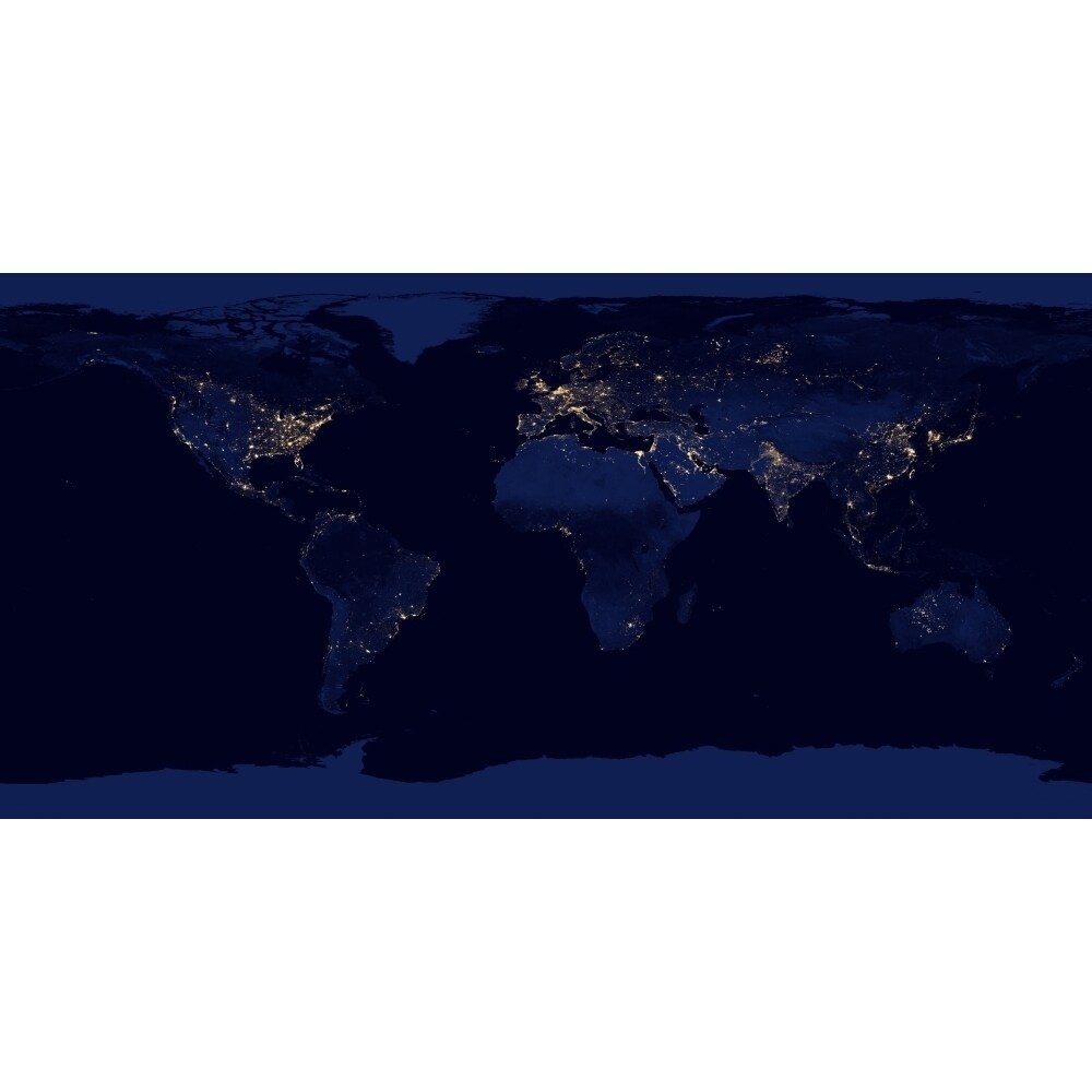 Flat Map Of Earth Showing City Lights Of The World At Night Poster Print (8 X 10)