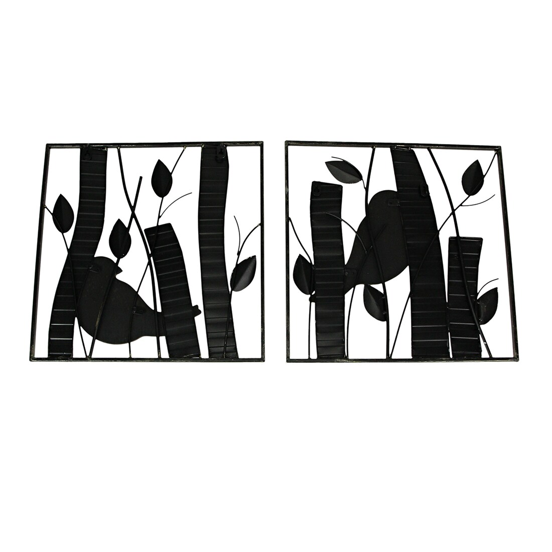 Set of 2 Rustic Wood & Metal Leaf Birds & Branches Wall Sculpture Art Decor