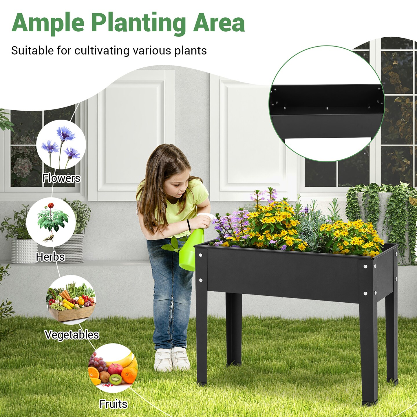 Costway 24" Raised Garden Bed with Legs Metal Elevated Planter Box Drainage Hole Backyard Green/Black