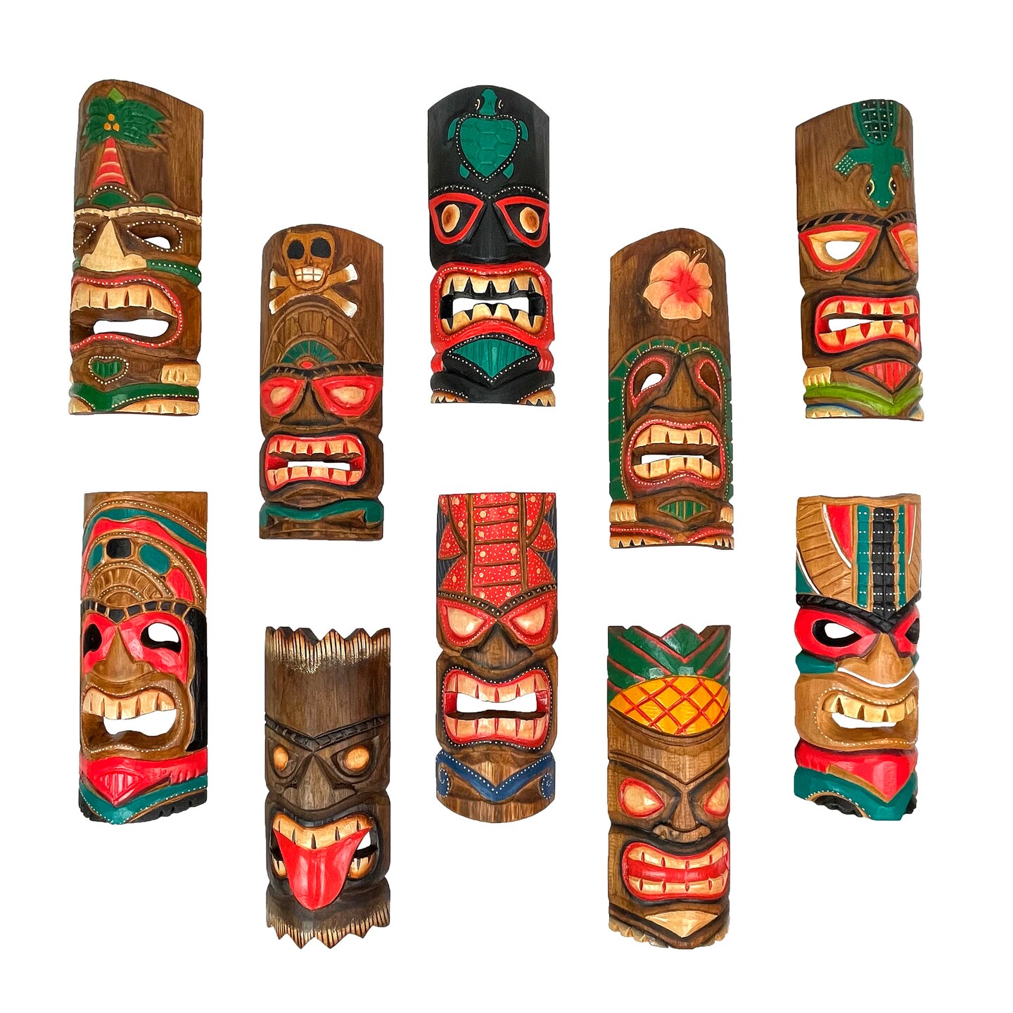 Set of 10 Hand-Carved Tropical Island Style Tiki Masks Decorative Wall Hangings