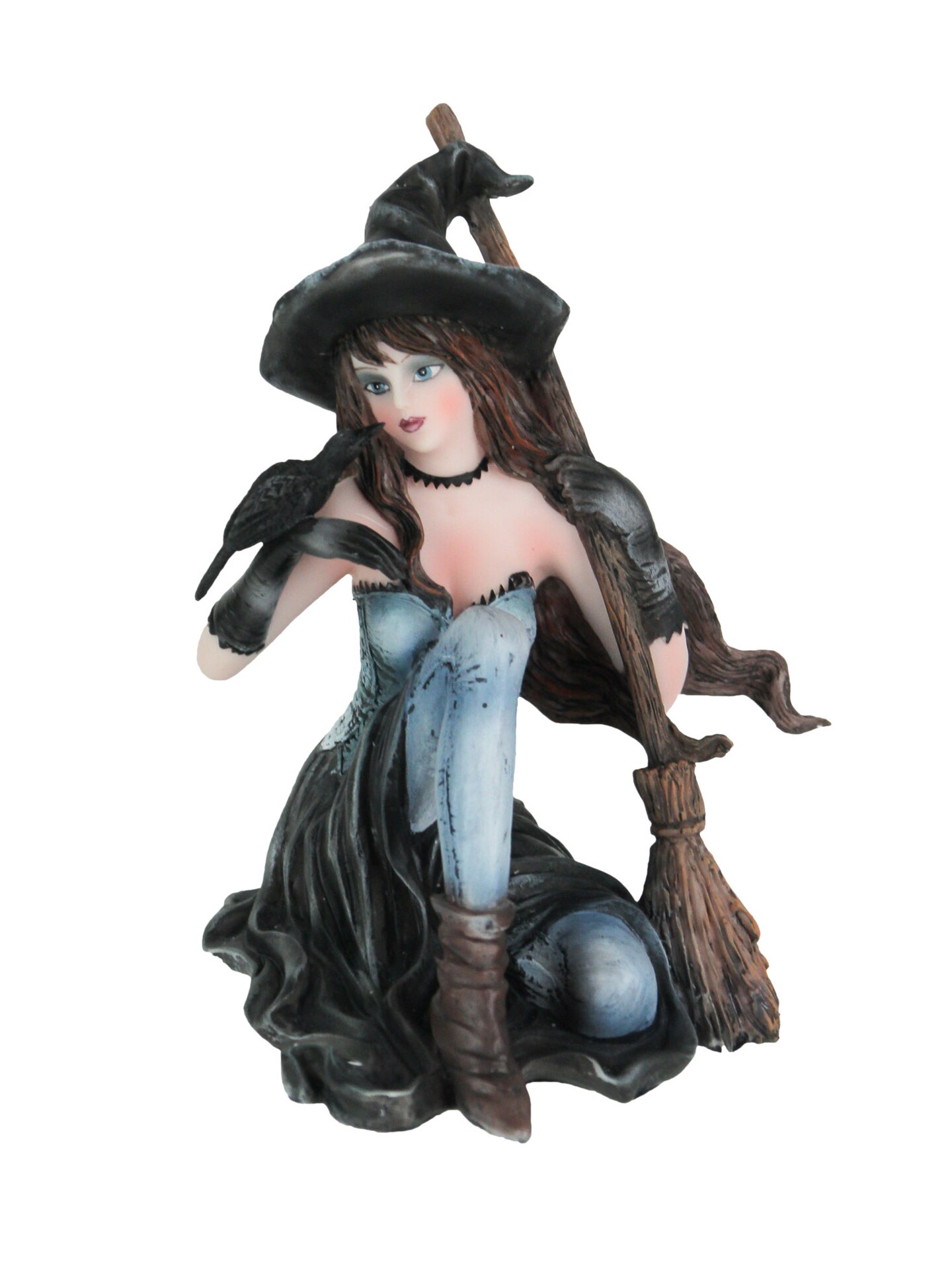 Sitting Witch Holding Broomstick w/Black Raven Figurine Statue