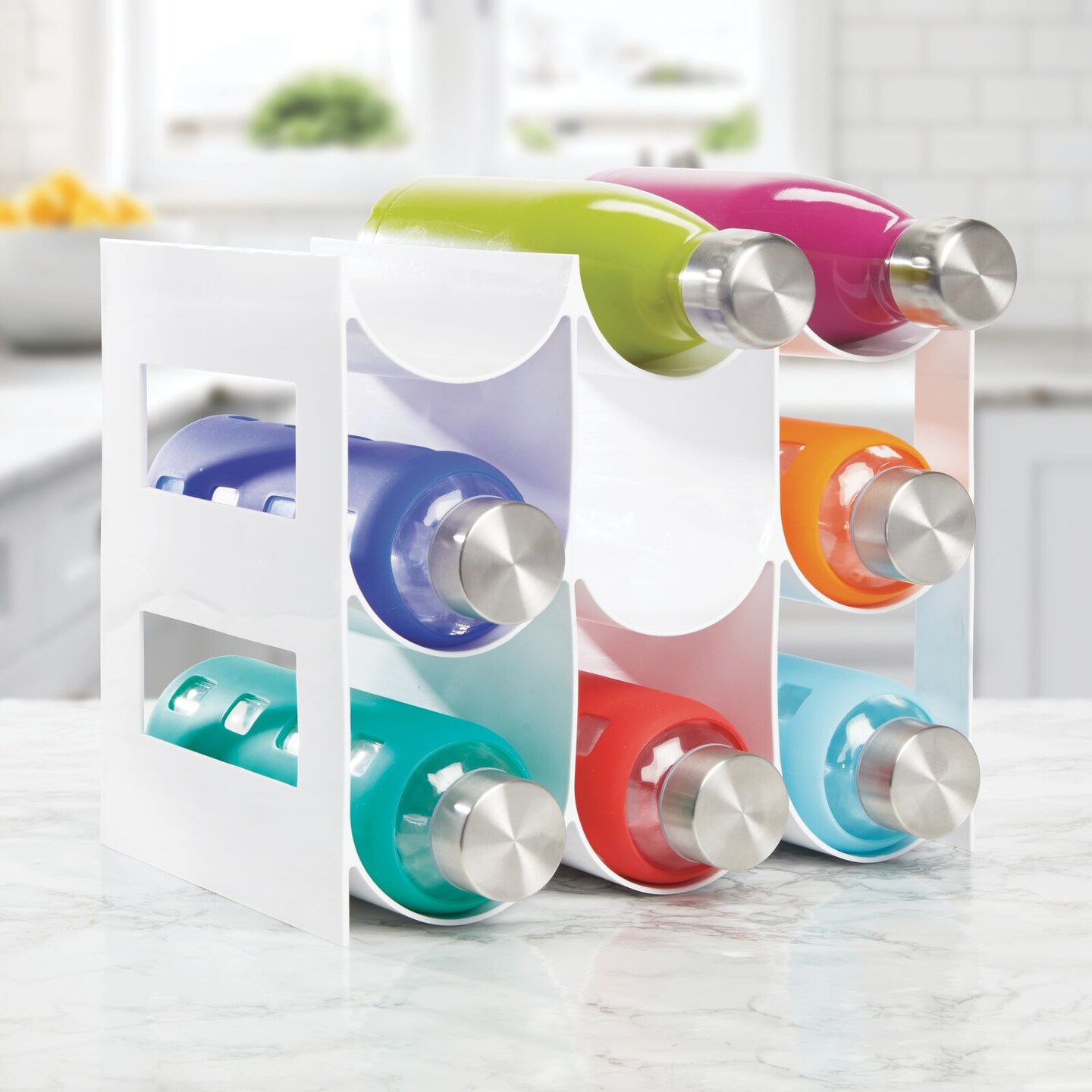 mDesign Plastic Water Bottle/Wine Rack Organizer, 3 Tiers, 9 Bottles