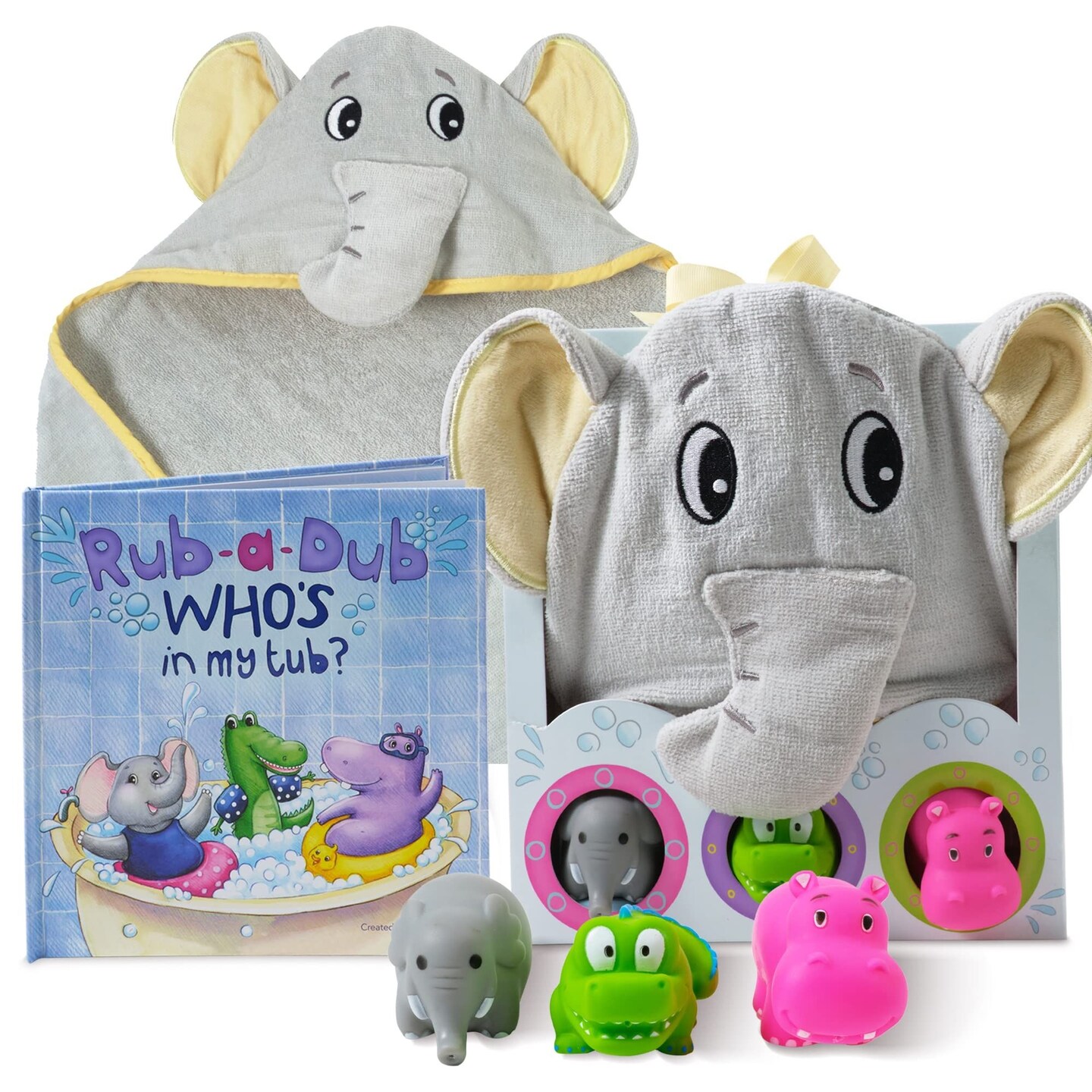 Tickle &#x26; Main Rub-a-Dub Gift Set, 5-Piece Bath Set Includes Elephant Hooded Towel, 3 Jungle Safari Squirt Toys, and Book for Boys and Girls!