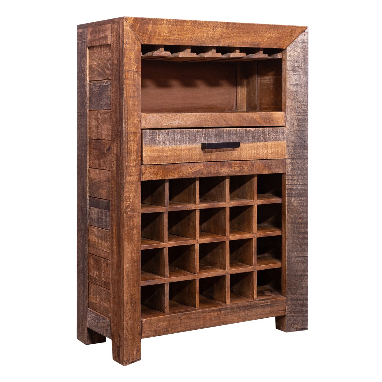 Saltoro Sherpi 43 Inch Single Drawer 20 Bottle Wine Storage Cabinet with Stemware Hanger, Brown-
