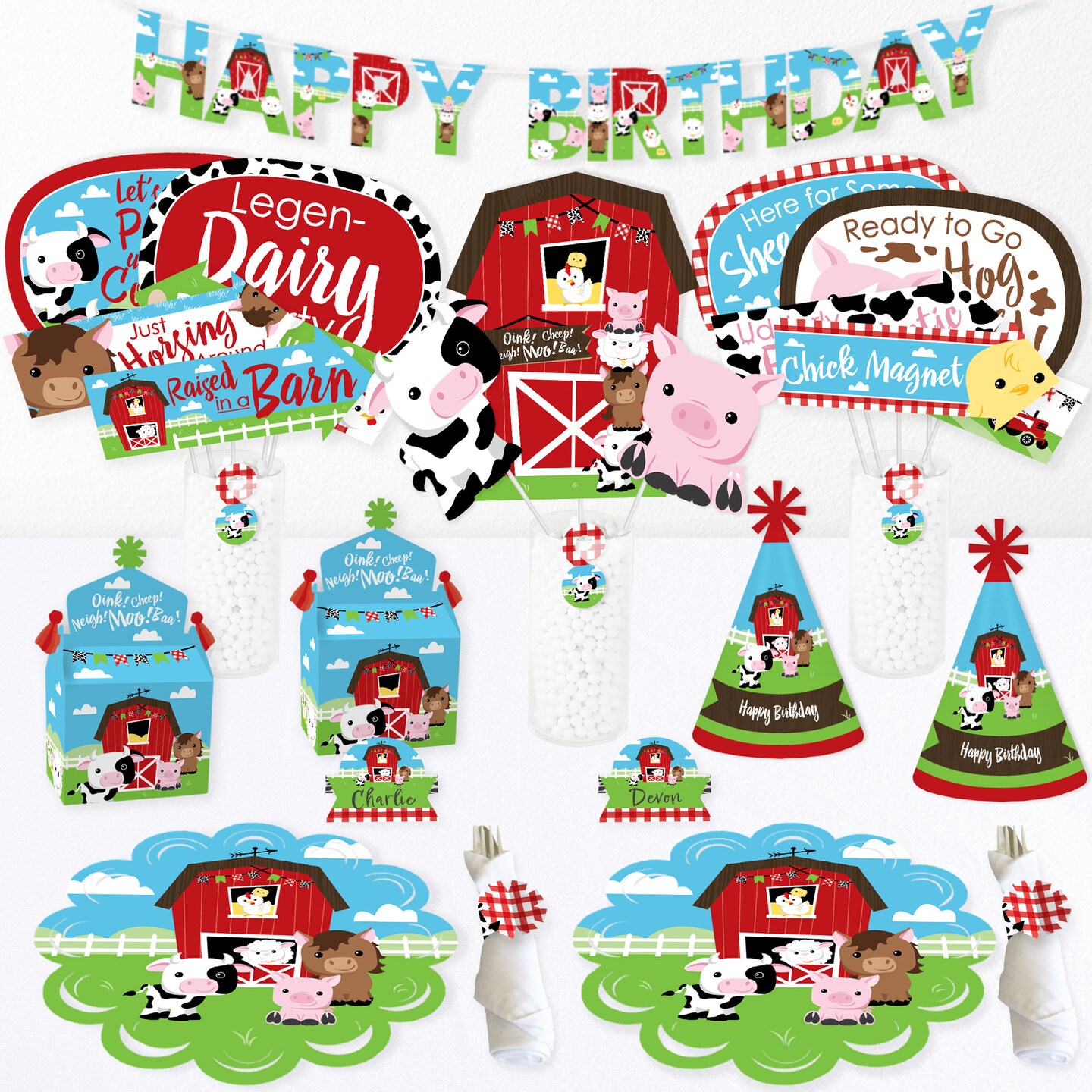 Big Dot of Happiness Farm Animals - Barnyard Happy Birthday Party Supplies Kit - Ready to Party Pack - 8 Guests