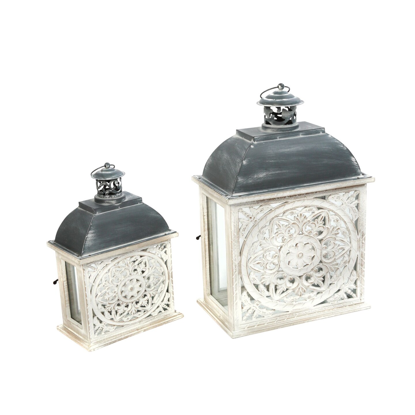 Contemporary Home Living Set of 2 White and Gray Antique Style Floral Rectangular Nesting Lanterns 18.5&#x22;