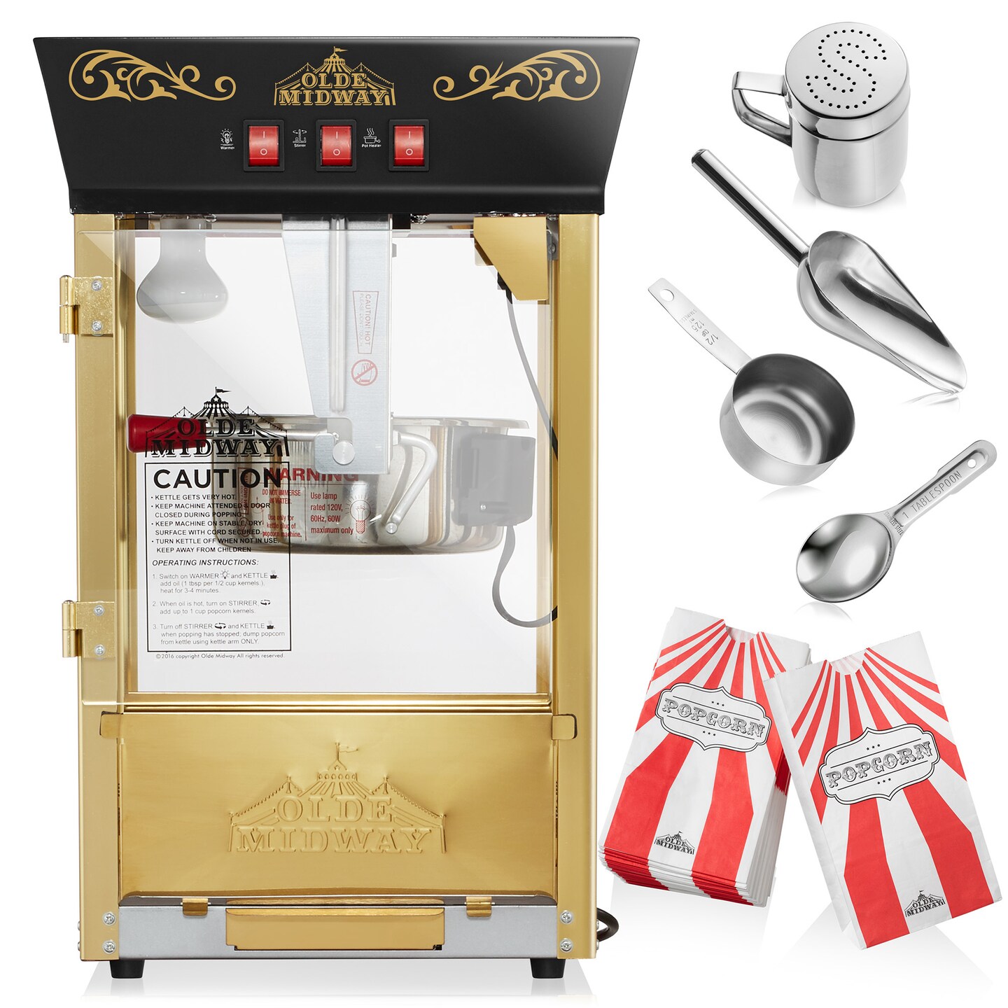 Olde Midway Movie Theater-Style Popcorn Machine Maker with 8-Ounce Kettle, Vintage-Style Countertop Popper