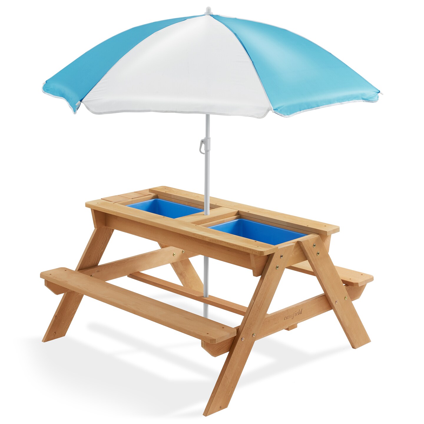 Casafield Children&#x27;s Sand and Water Activity Table, 3-in-1 Wooden Outdoor Picnic Table with Umbrella, 2 Play Boxes and Removable Lid, Natural