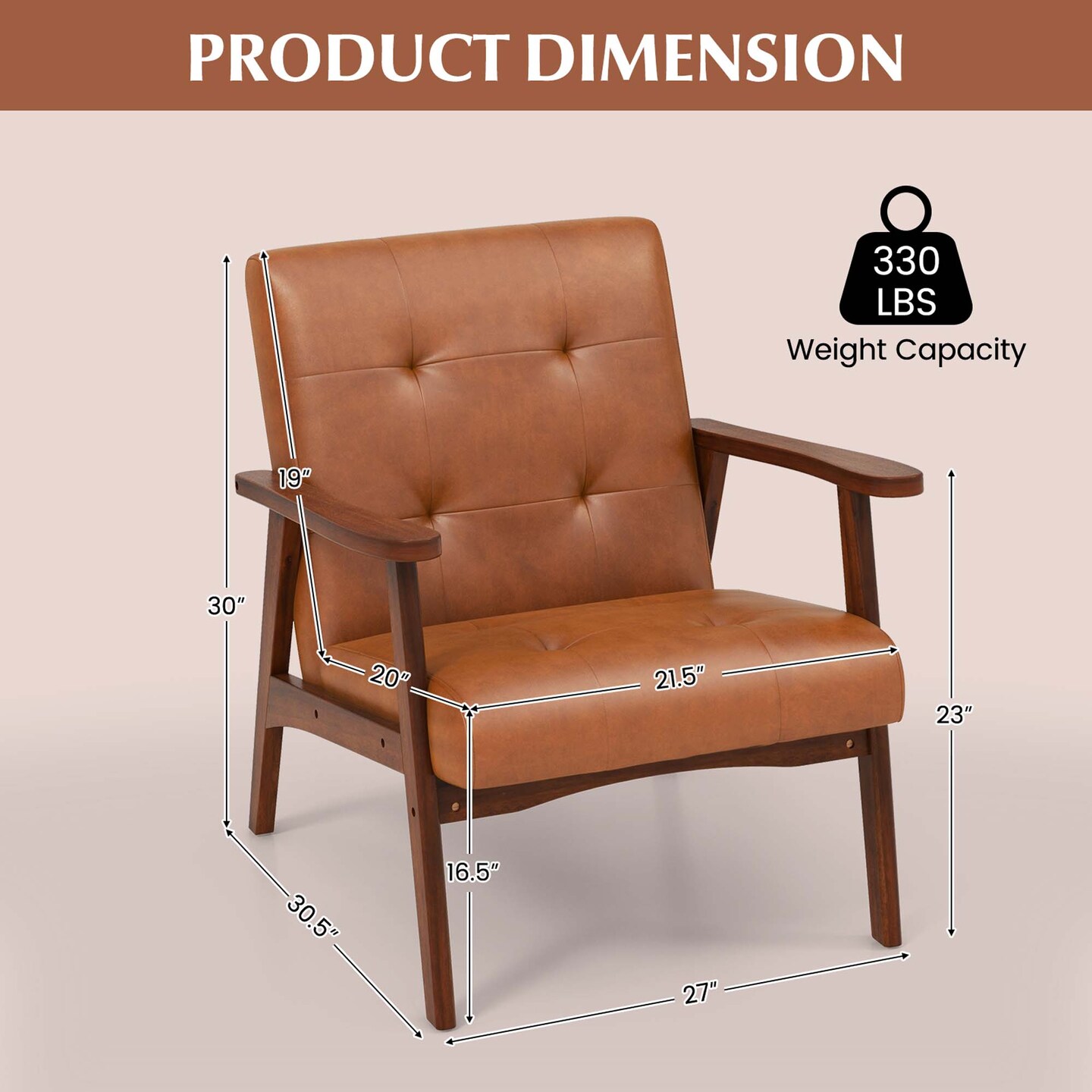 Costway Mid Century Accent Chair Tufted Reading Armchair Solid Rubber Wood Brown/Black