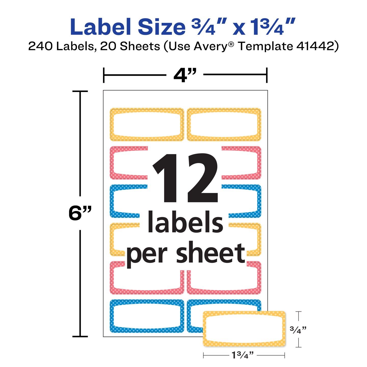 Avery Durable Labels for Kids&#x27; Gear, 3/4&#x22; x 1-3/4&#x22;, Assorted Border Colors, Water-Resistant Labels, 4 Packs, 240 Rectangle Labels Total (21944)