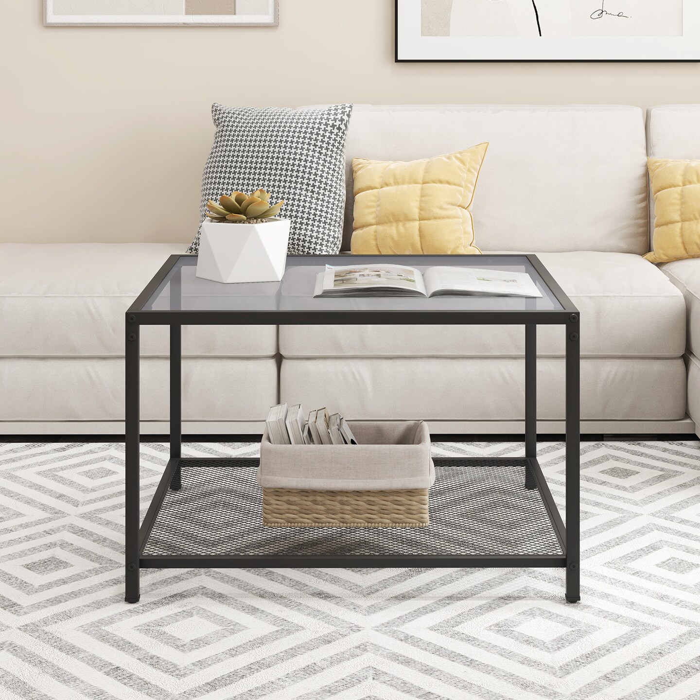 Modern 2-tier Square Glass Coffee Table With Mesh Shelf