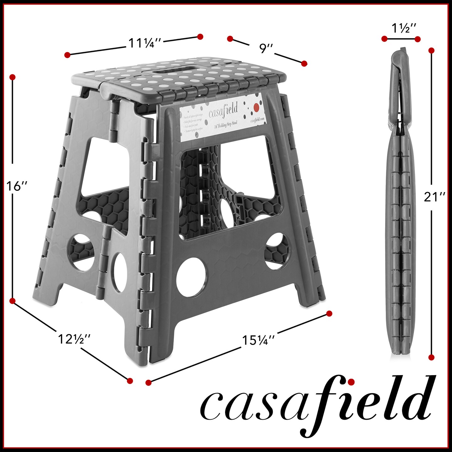 Casafield 16&#x22; Folding Step Stool with Handle, Gray - Portable Collapsible Small Plastic Foot Stool for Adults - Use in the Kitchen, Bathroom and Bedroom