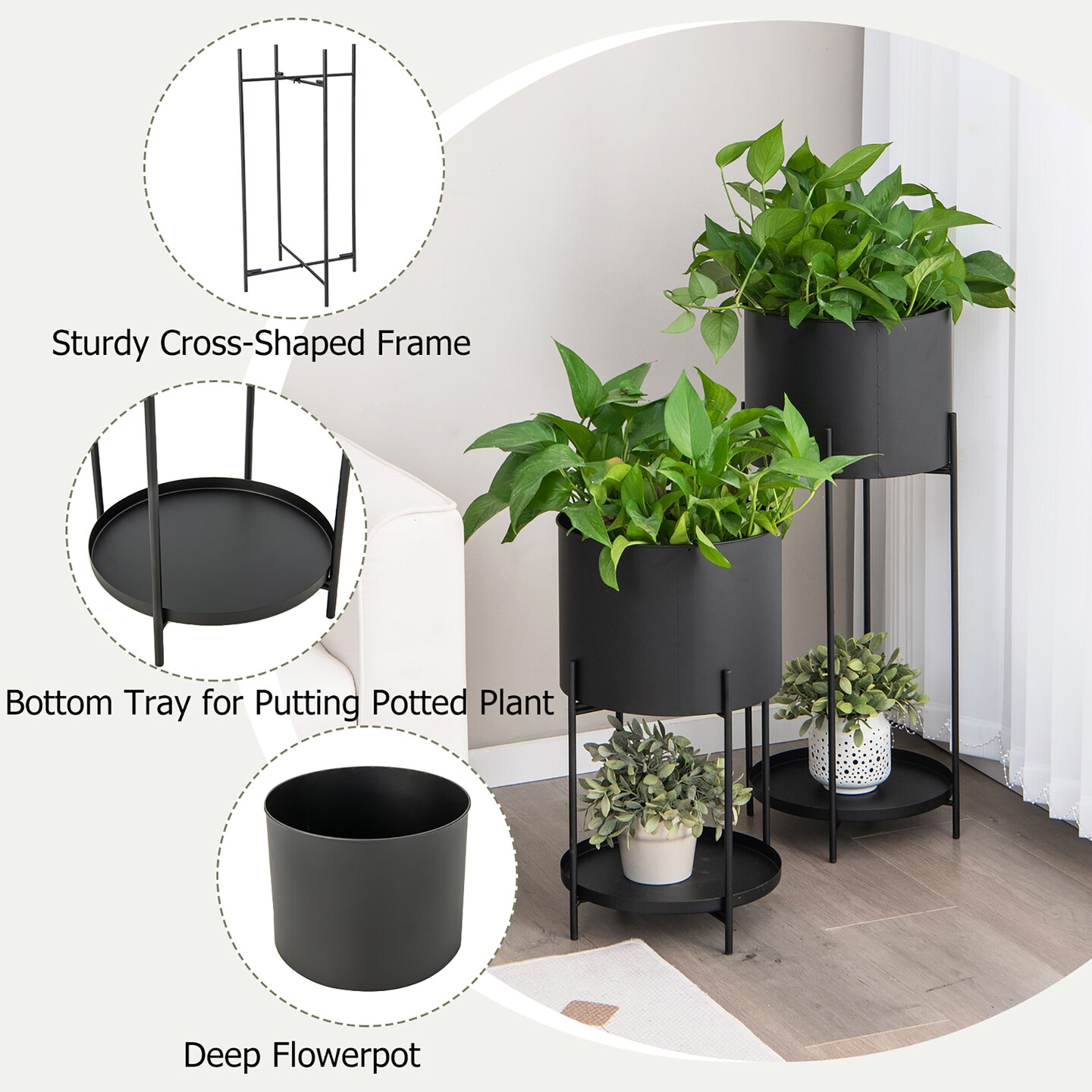 Costway 2 Metal Planter Pot Stand Modern Decorative Flowerpots Set with Drainage Holes