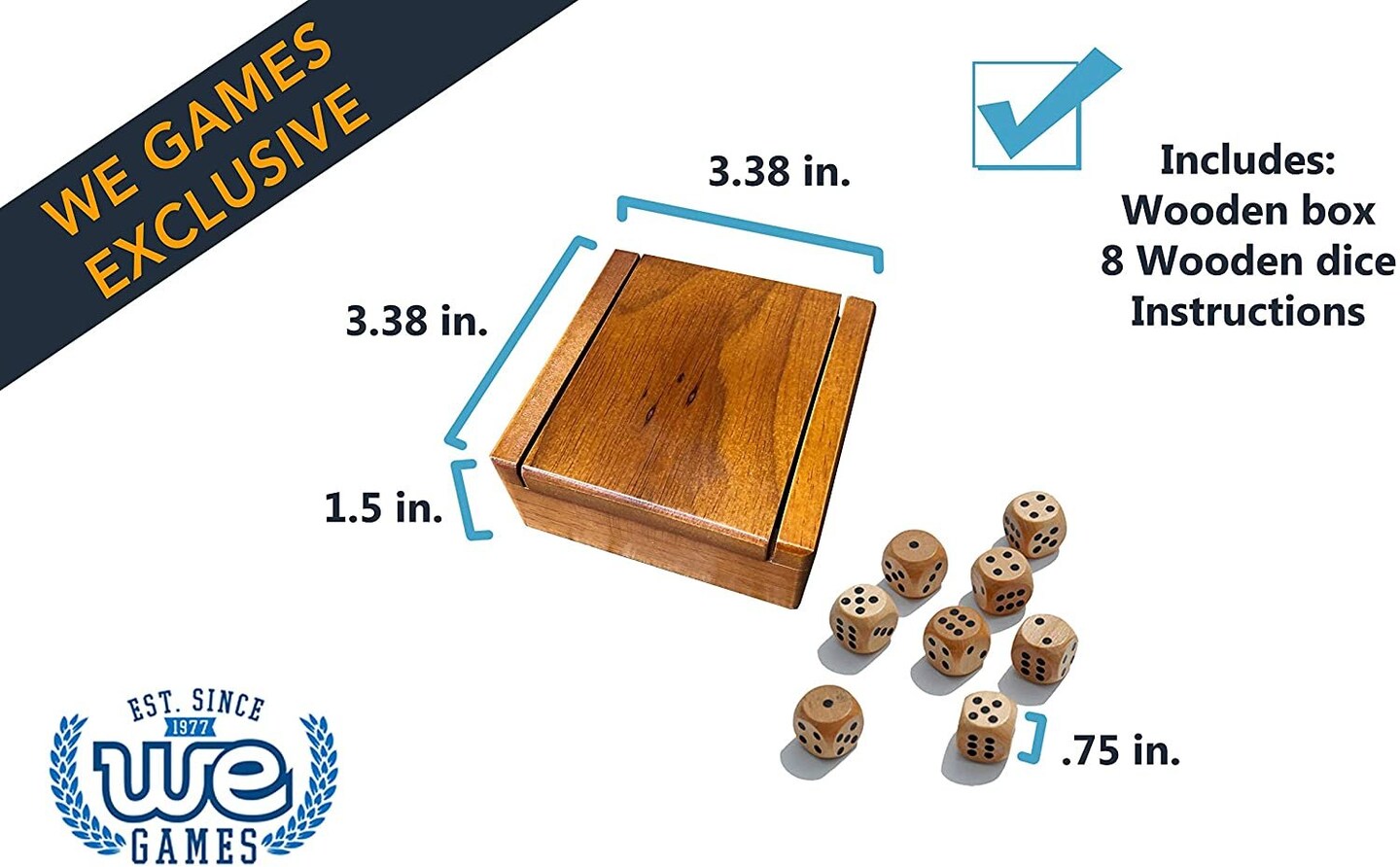 WE Games Wooden Dice Box and 8 Wooden Dice