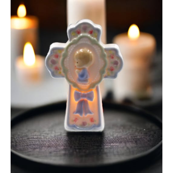 Ceramic Night Light Boy On Cross 4.625 Inch Plug-In Religious Gift Decor