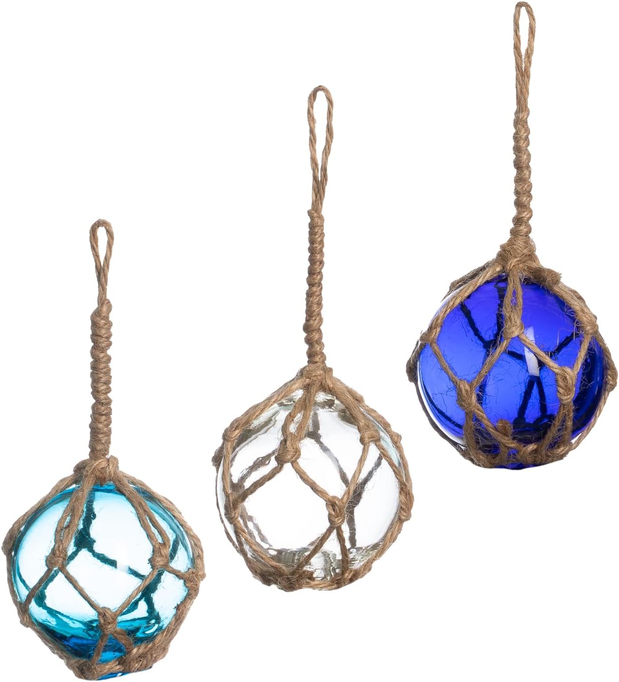 Japanese Glass Fishing Floats Ball - 3&#x22; Aqua Cobalt and White (3 Pack) - Glass Buoys With Rope