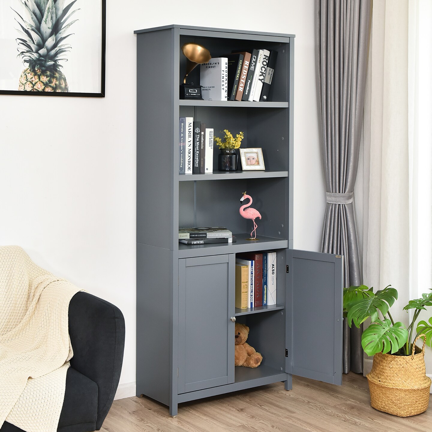 Costway Bookcase Shelving Storage Wooden Cabinet Unit Standing Bookcase W/Doors Gray