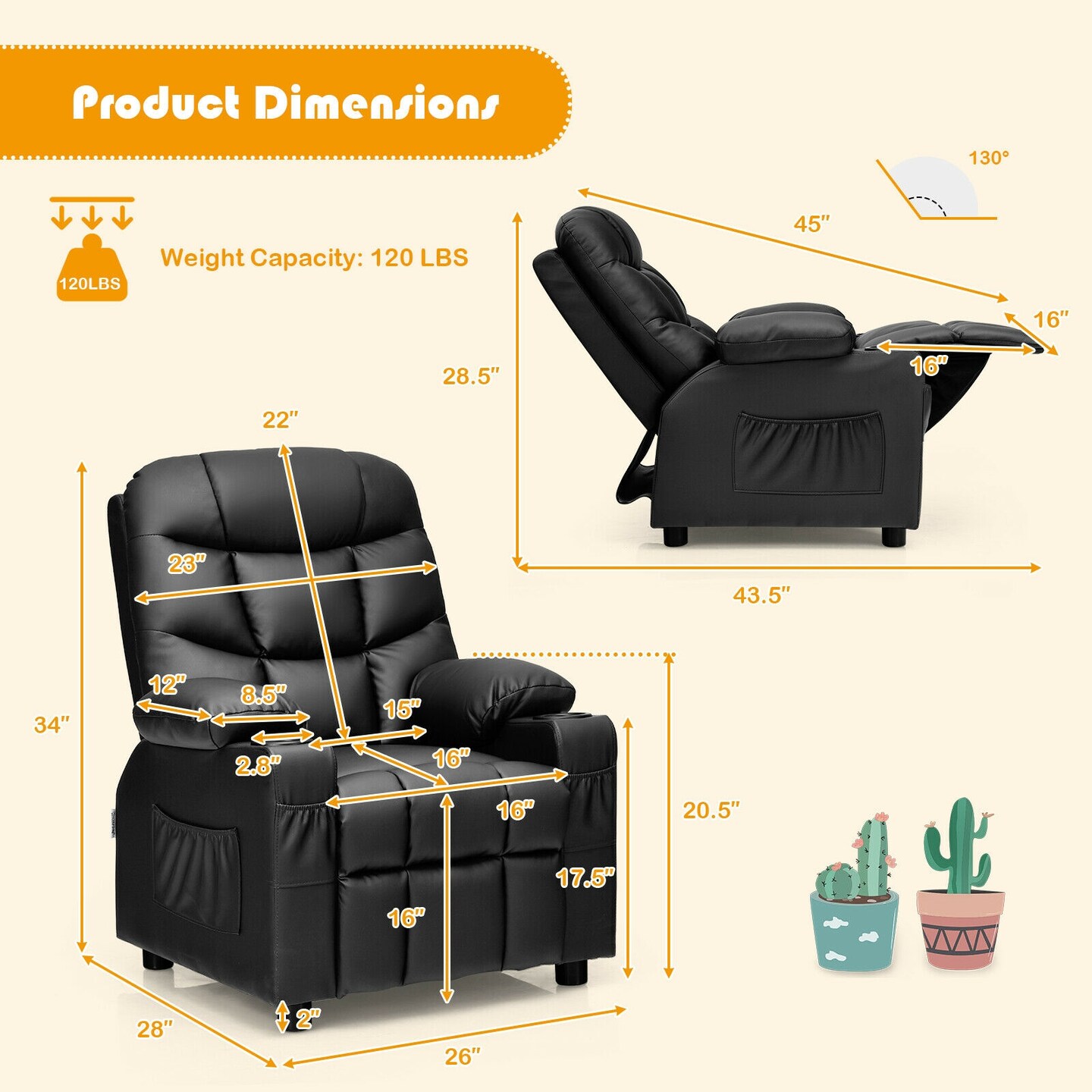 Kids Recliner Chair with Cup Holders Suitable for Children's Room, Living Room and Bedroom
