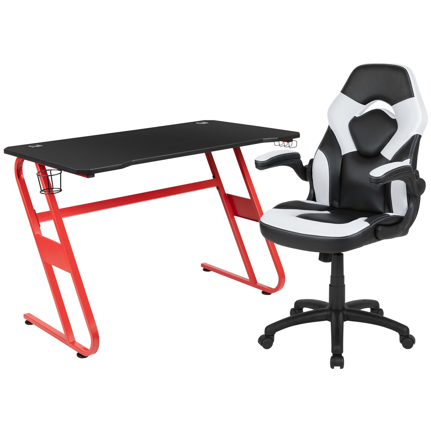 Emma and Oliver Gaming Desk and Racing Chair Set with Cup Holder and Headphone Hook