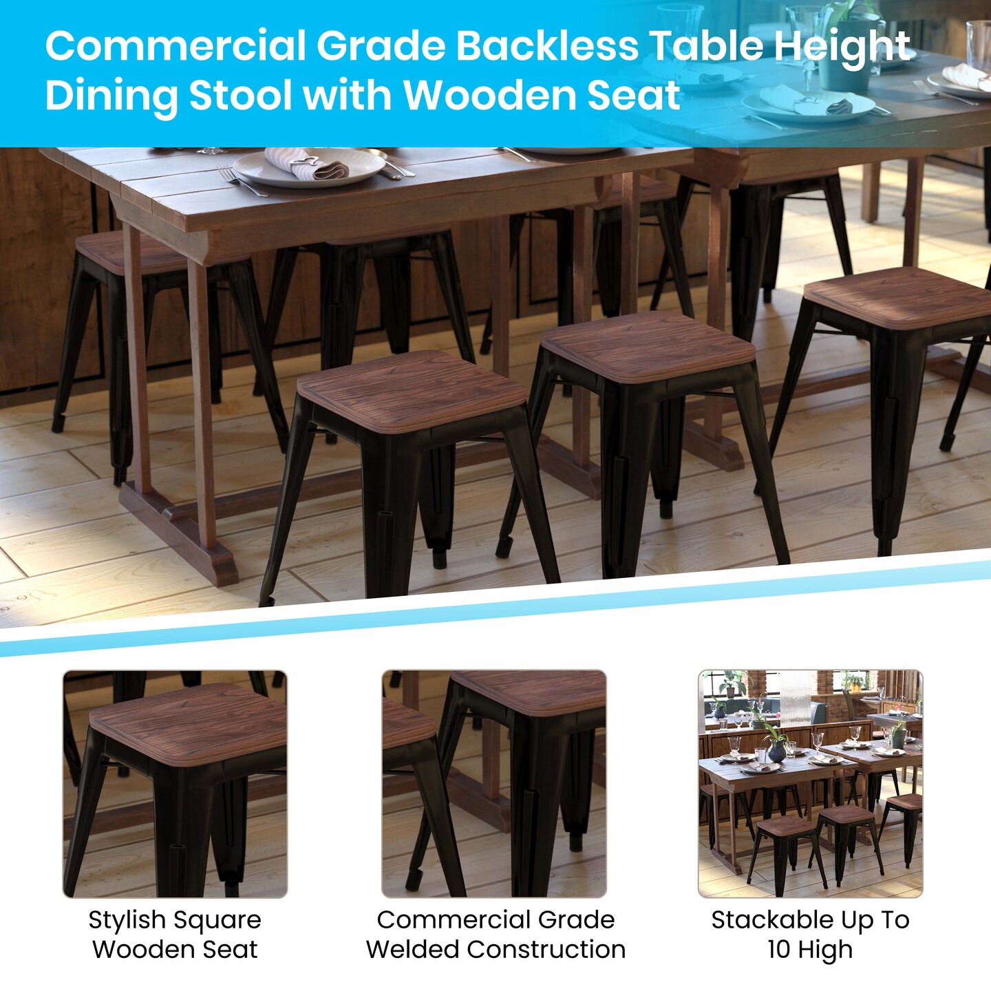 Emma and Oliver Set of Four Table Height Backless Stacking Welded Iron Stools with Wooden Seats and Under Seat Bracing for Indoor Use