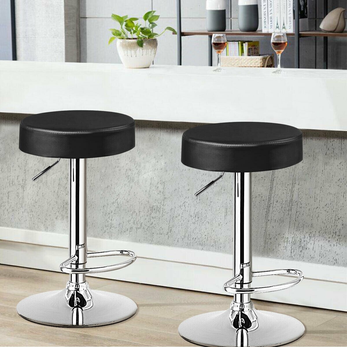 Modern Swivel Round PU Leather Seat Bar Stool with Adjustable Height and Steel Base