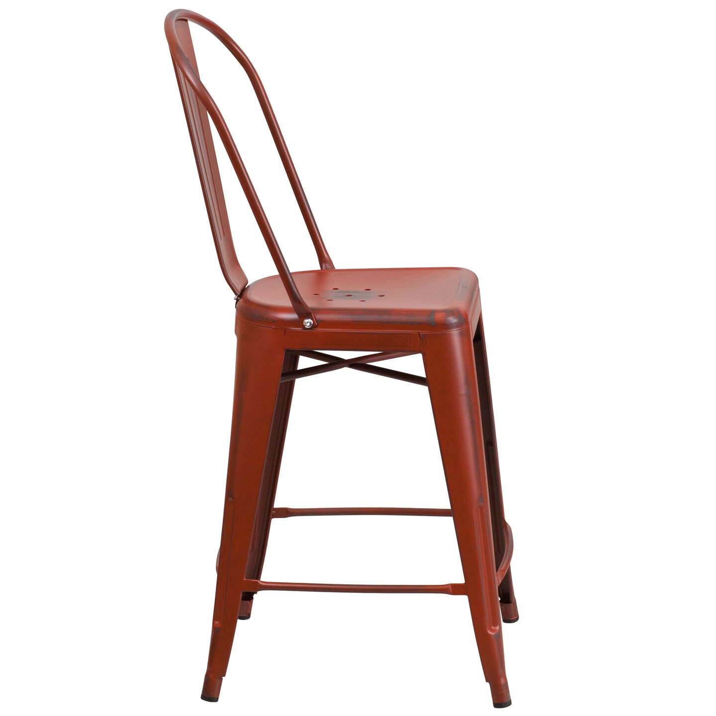 Emma and Oliver Commercial Grade 4 Pack 24" High Distressed Metal Indoor-Outdoor Counter Height Stool with Back
