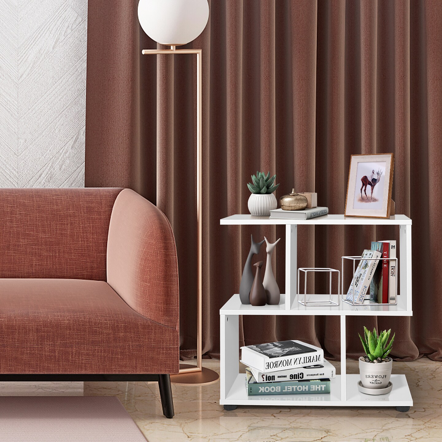 Costway 2-Tier Bookshelf S Shaped Bookcase Storage Rack Display Shelf w/Thick Foot Mats