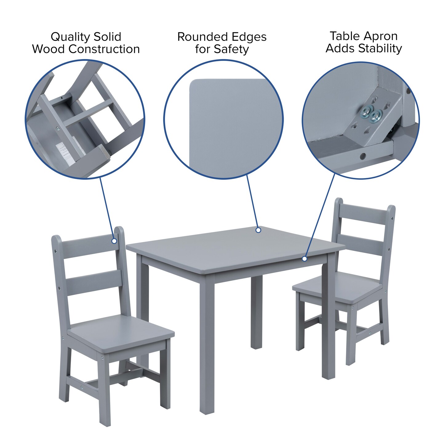 Emma and Oliver Kids 3 Piece Solid Hardwood Table and Chair Set for Playroom, Kitchen