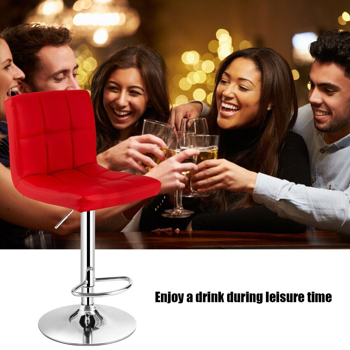 Set of 2 Square Swivel Adjustable PU Leather Bar Stools with Back and Footrest