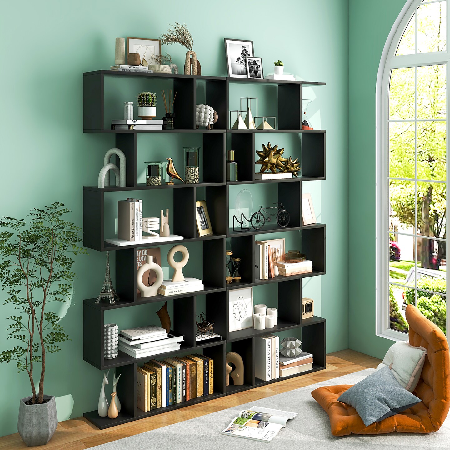 Costway 2 PCS 6 Tier S-Shaped Bookshelf Storage Display Bookcase Z-Shelf