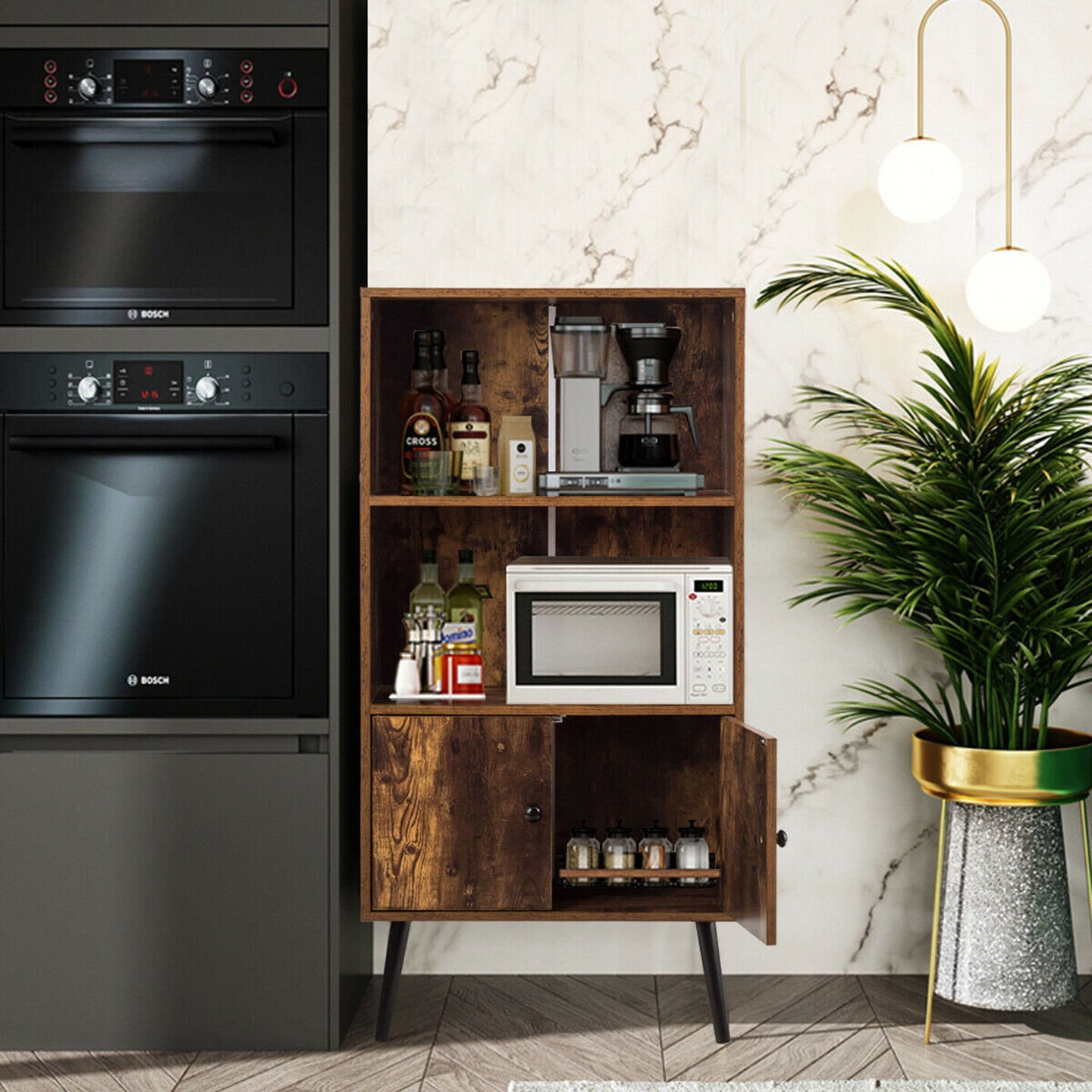 Costway 2-Tier Retro Bookcase Bookshelf w/3 Compartment&2 Doors Industrial Cabinet