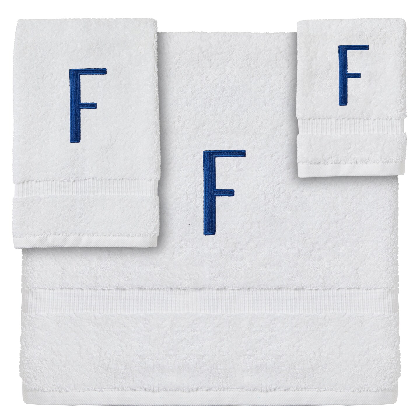 3 Piece Letter F Monogrammed Bath Towels Set, White Cotton Bath Towel, Hand Towel, and Washcloth with Blue Embroidered Initial F for Wedding Gift, Bridal Shower
