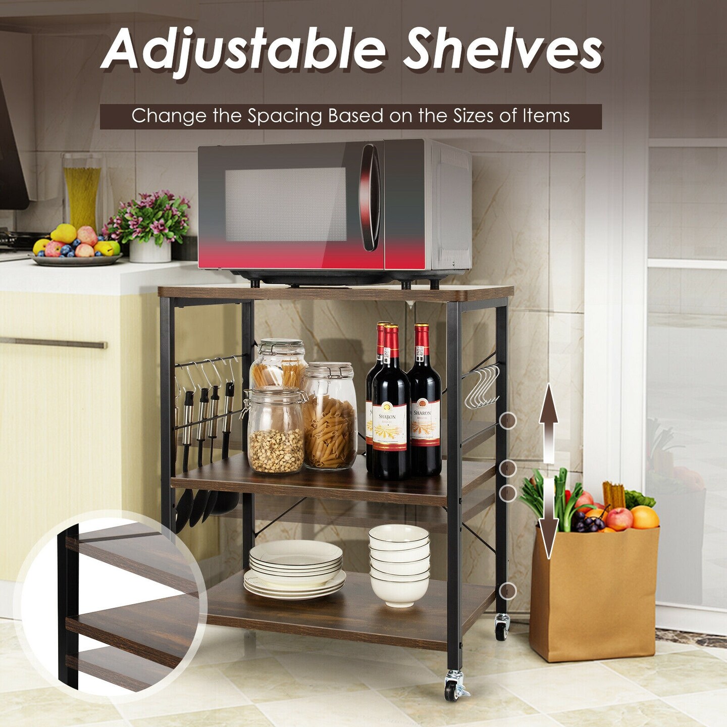 3-Tier Kitchen Baker&#x27;s Rack Microwave Oven Storage Cart with Hooks