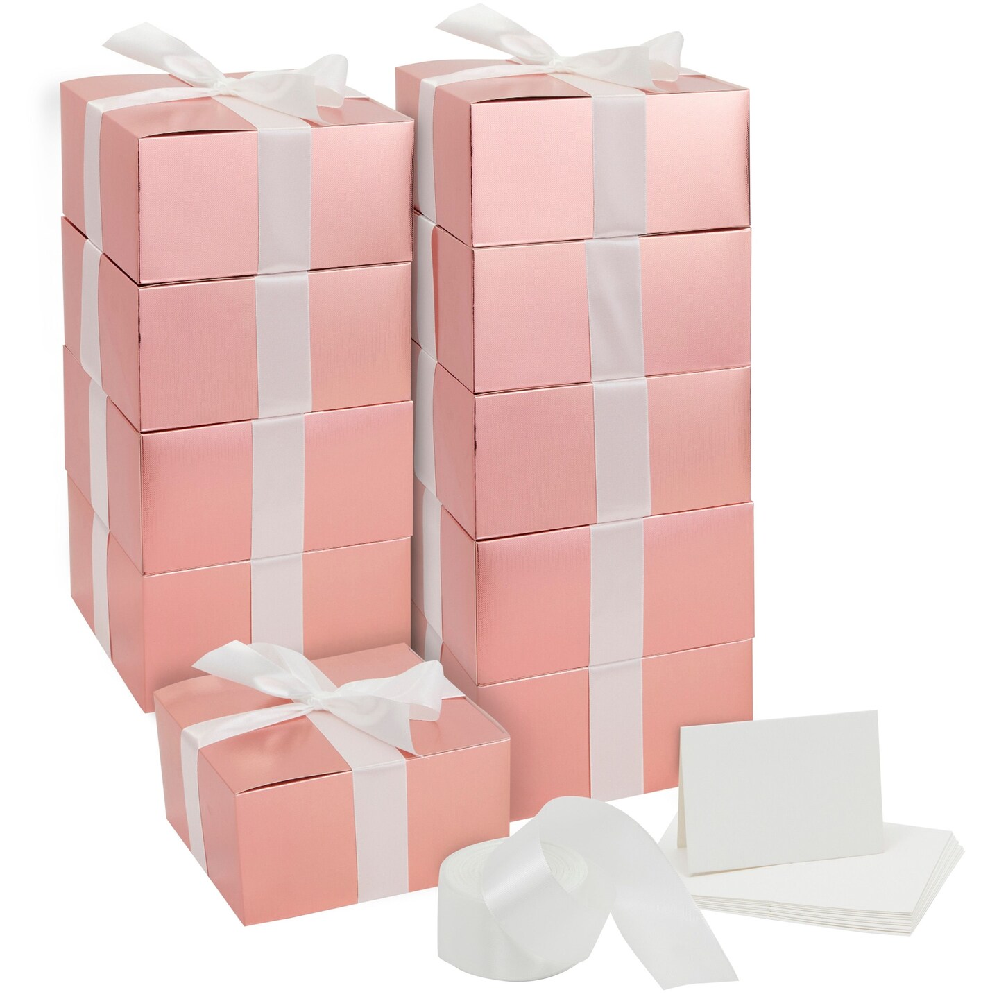 10 Pack Rose Gold Gift Boxes with Lids, Ribbon and Blank White Greeting Cards for Presents, Favors (8x8x4 in)