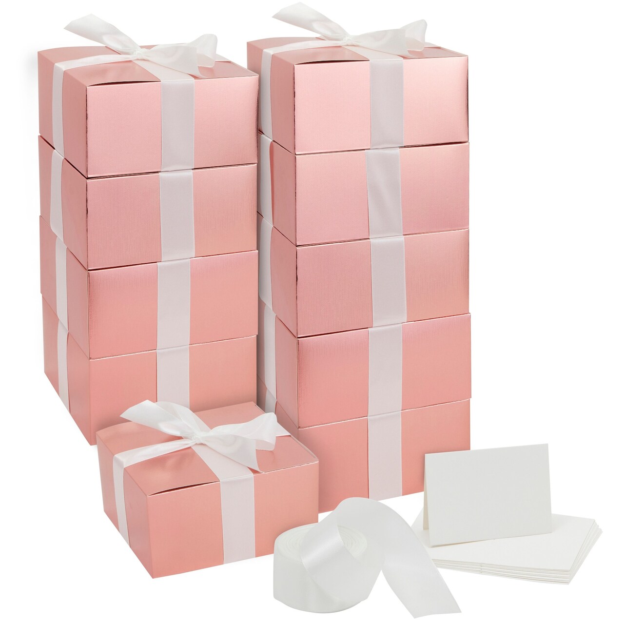 10 Pack Rose Gold Gift Boxes with Lids, Ribbon and Blank White Greeting ...