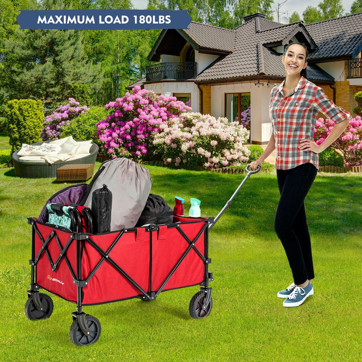 Outdoor Folding Utility Wagon Cart with Adjustable Handle and Cup Holder for All-Terrain Wheels
