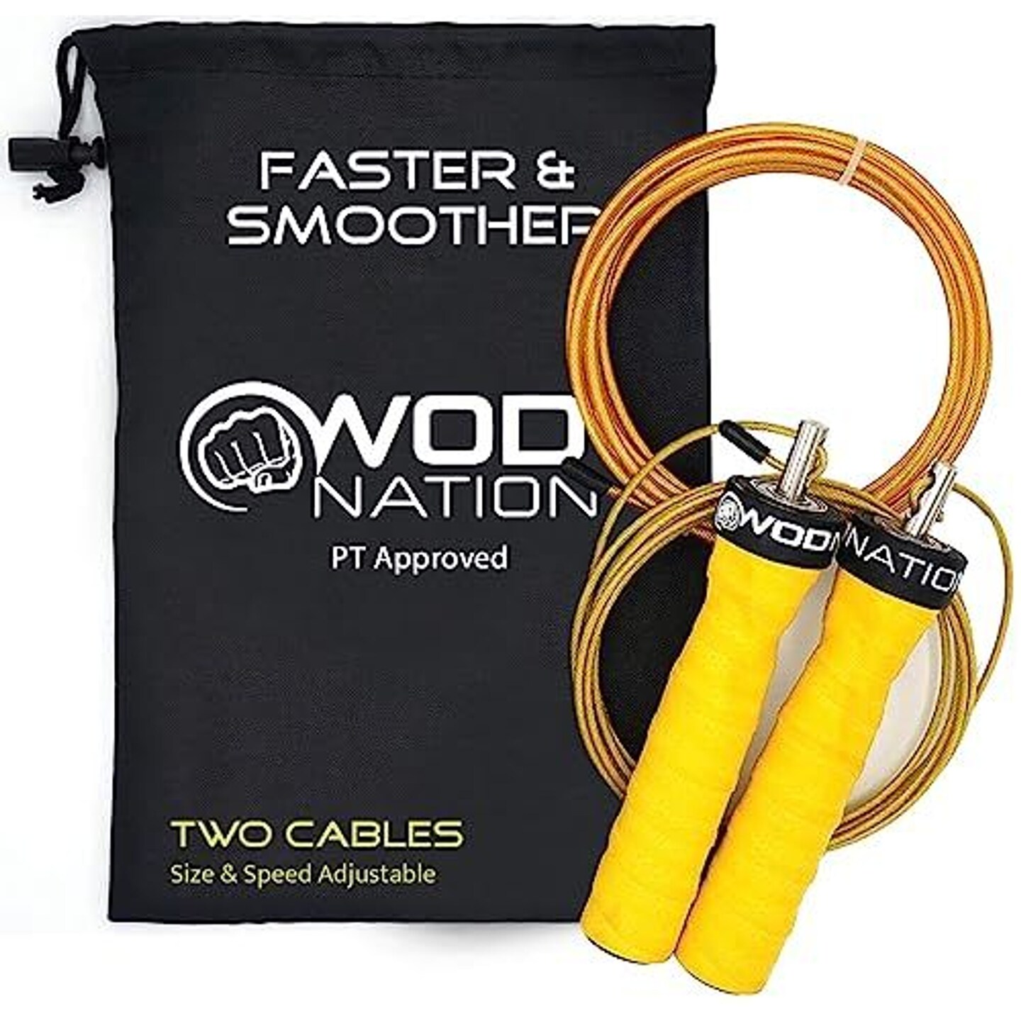 WOD Nation Attack Speed Adjustable Jump Rope : Unique Two Cable Skipping Workout System : One Thick and One Light 11 Foot Jumping Cable : Perfect for Double Unders forHiit : Fits Men and Women, Yellow