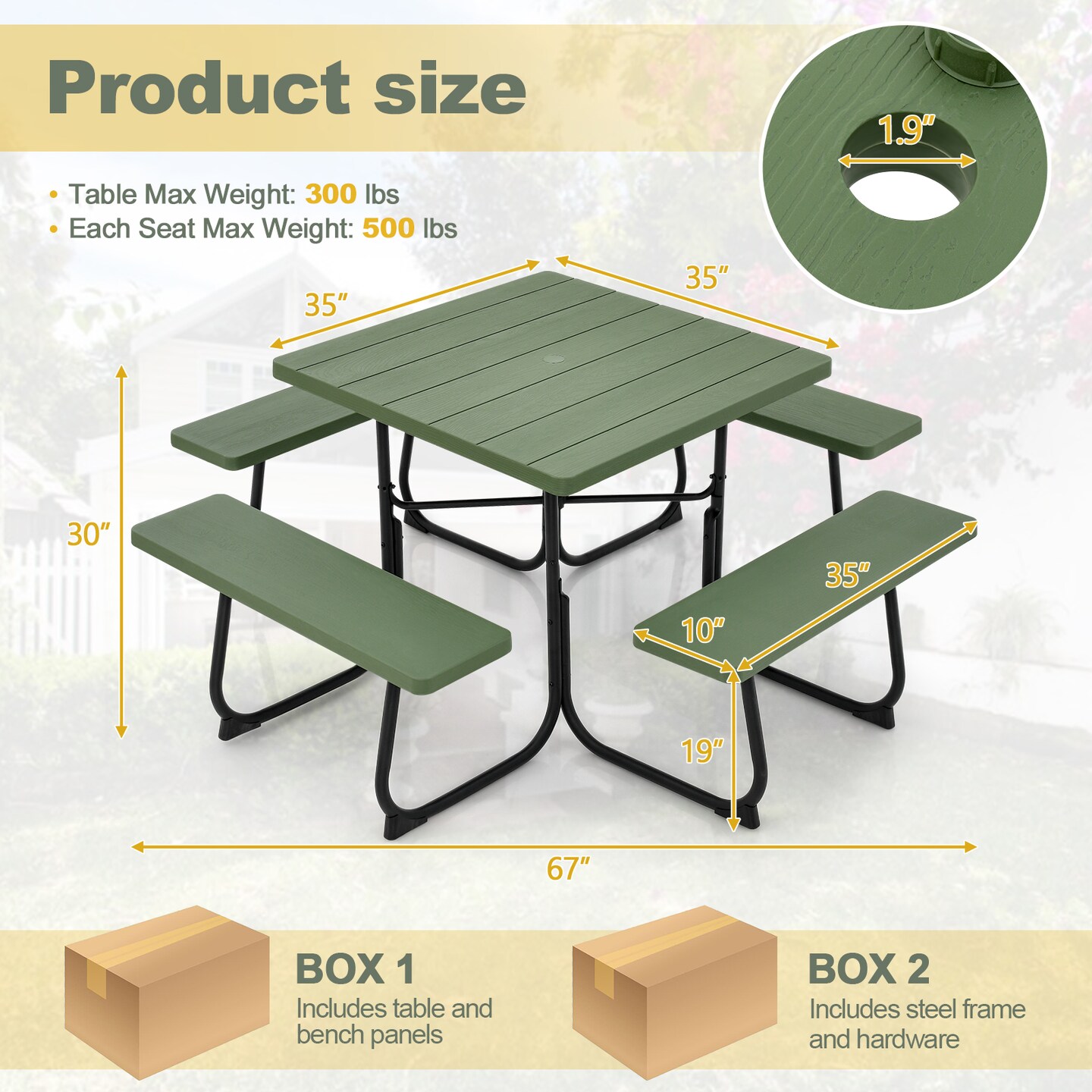 Outdoor Picnic Table With 4 Benches And Umbrella Hole