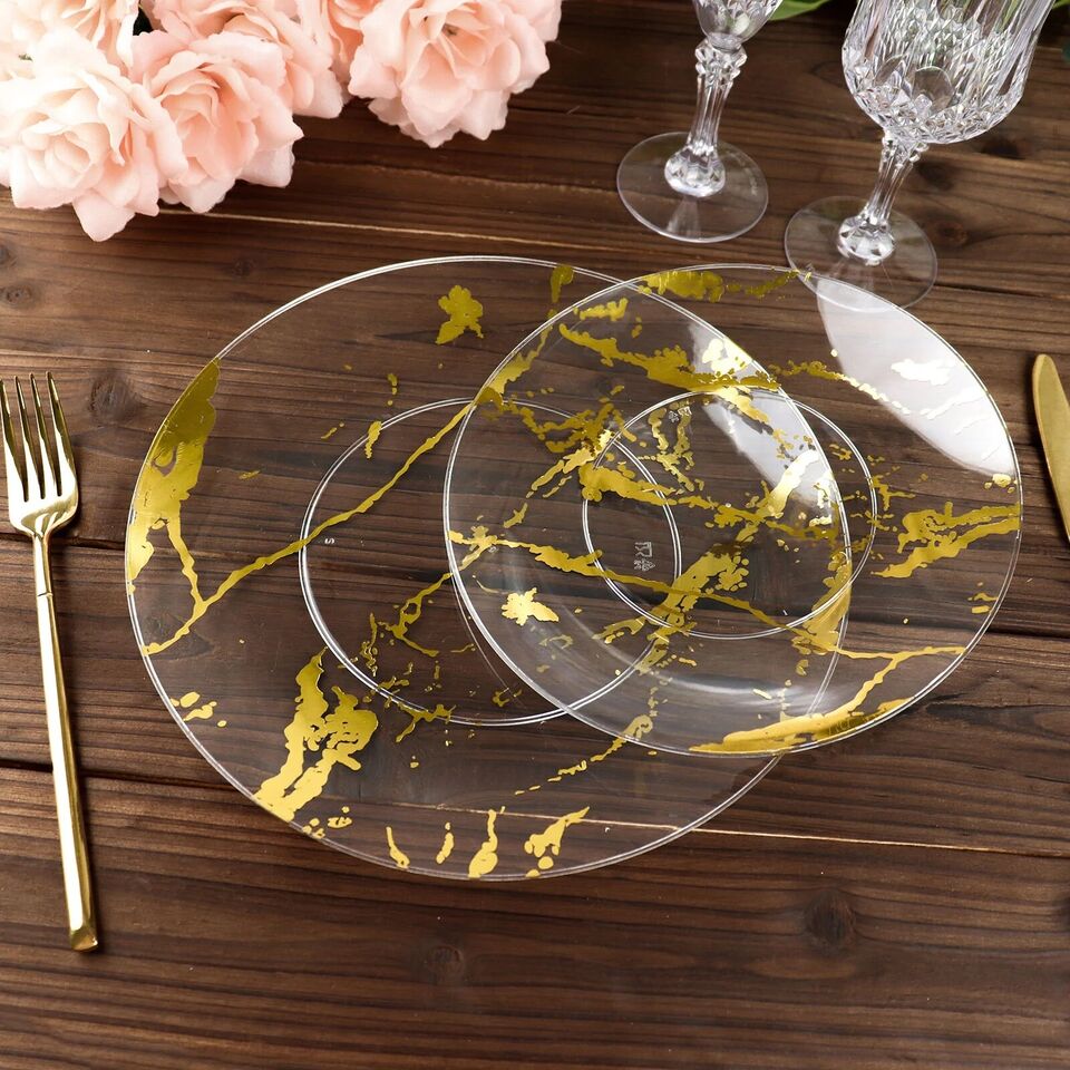 10 Clear Gold 8&#x22; Disposable Marble Plastic SALAD PLATES