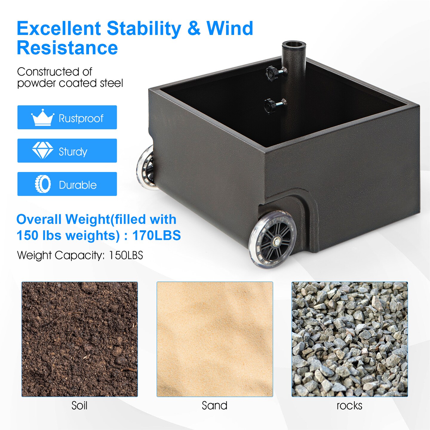 Black Patio Umbrella Base Stand with Wheels Planter Fill able Design