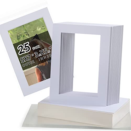  Mat Board Center, Pack of 25, 5x7 White Picture Mats with White  Core for 4x6 Pictures