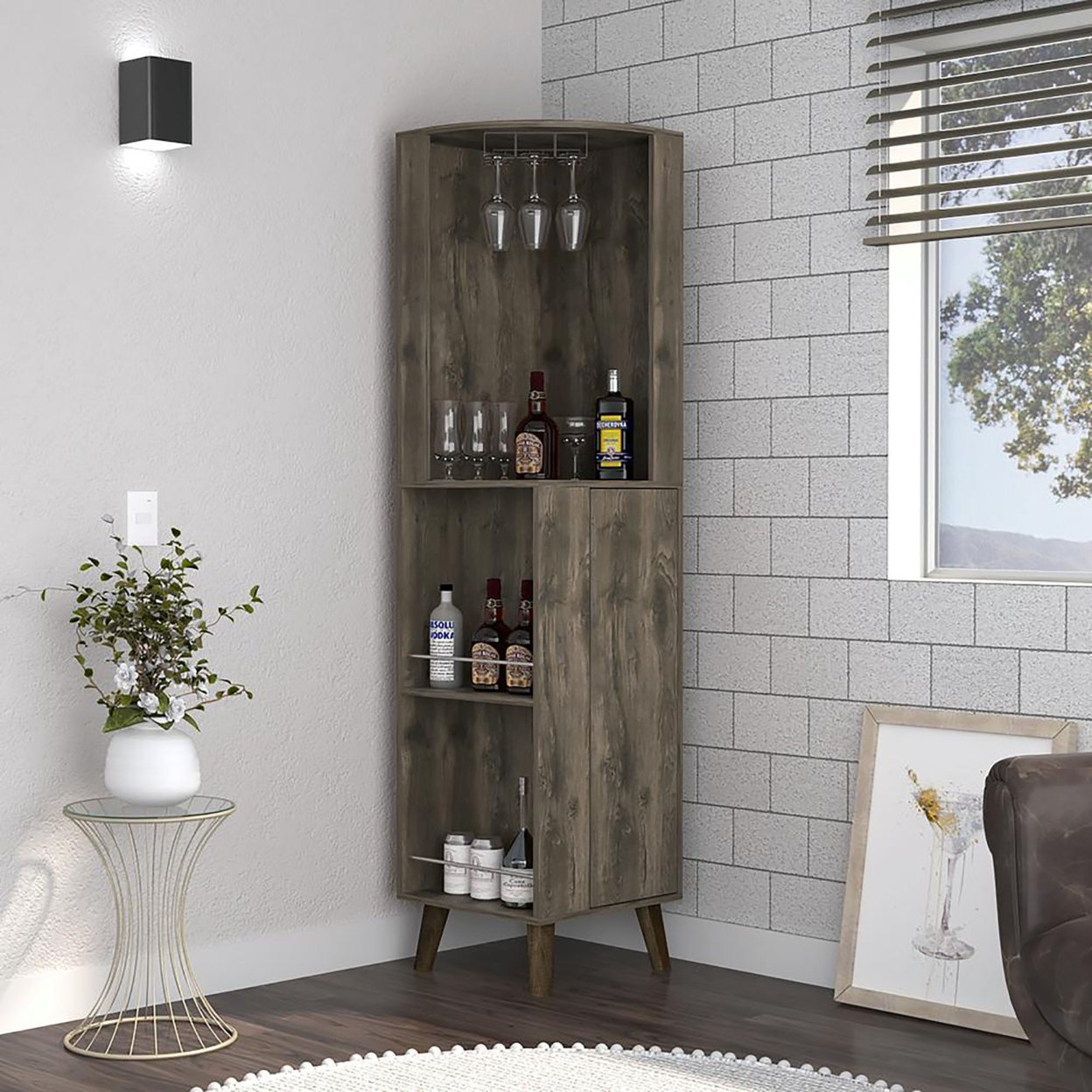 DEPOT E -SHOP Indoor Furniture Modern Jaipur Corner Bar Cabinet - Dark Brown