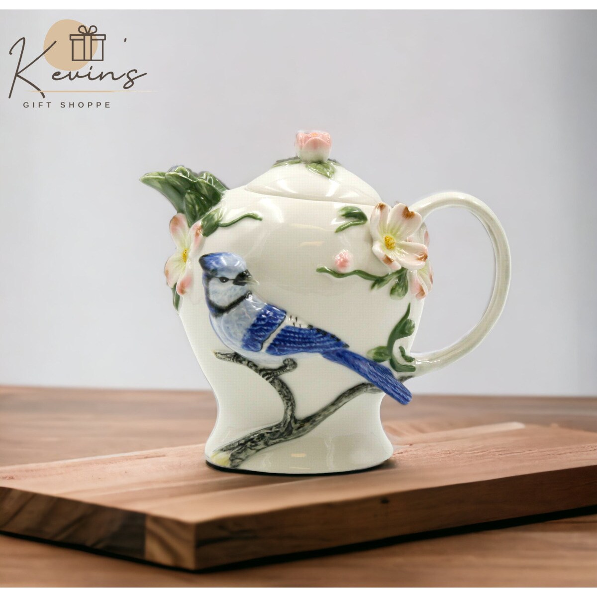 Hand Painted Ceramic Blue Jay Bird Teapot, Gift for