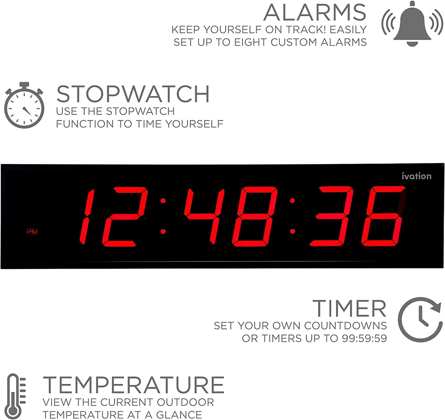 Ivation 36 in. Large Digital Wall Clock, LED Digital Clock with Timer and Alarm