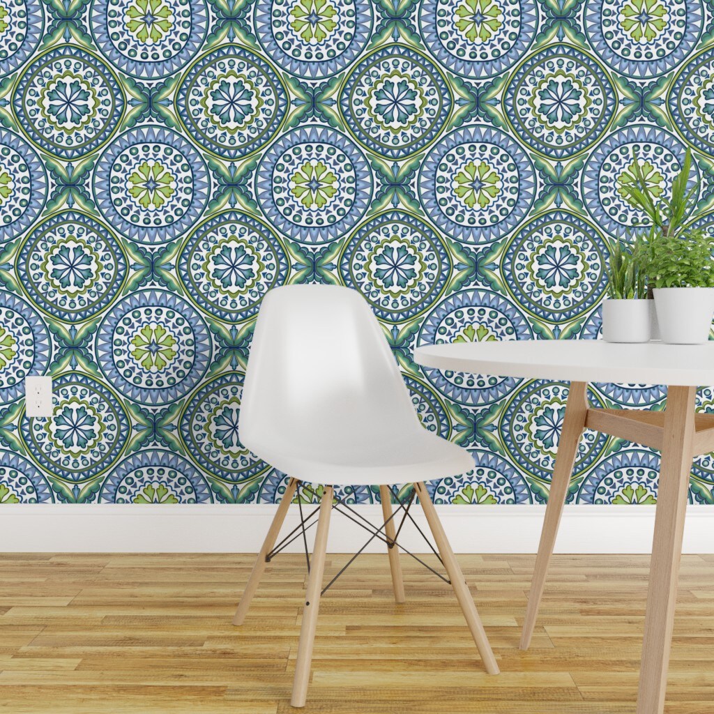 Peel & Stick Wallpaper 2FT Wide Green Blue Ocean Italian Italy Tile Sicily Sicilian Rosette Mandalas Modern Mosaic Geometric Coastal Large Scale Custom Removable Wallpaper by Spoonflower