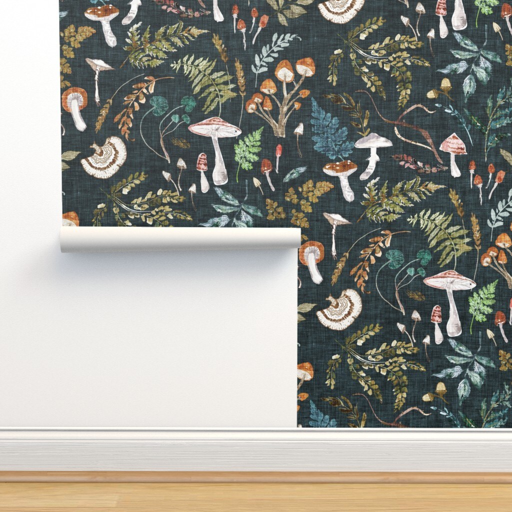 Mushrooms Moody Botanical Woodland Ferns Leaves Nature Cottagecore Custom Removable Wallpaper by Spoonflower Peel & Stick Wallpaper 2FT Wide