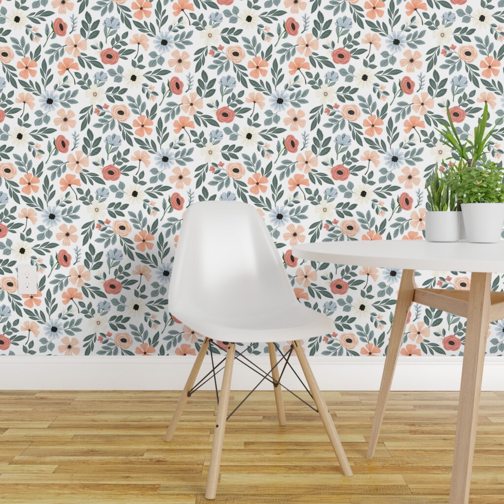 Peel &#x26; Stick Wallpaper 2FT Wide Coral Floral Sage Green Leaf Pretty Flowers Delicate Garden Custom Removable Wallpaper by Spoonflower