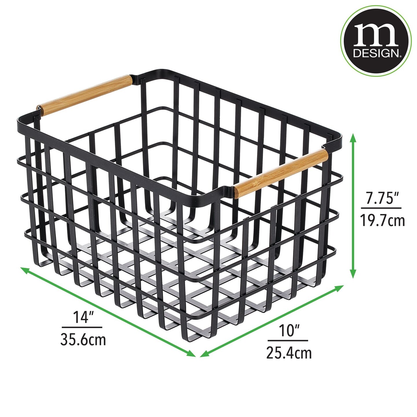 mDesign Metal Closet Organizer Basket, Wood Handles, 2 Pack, Matte Black/Natural
