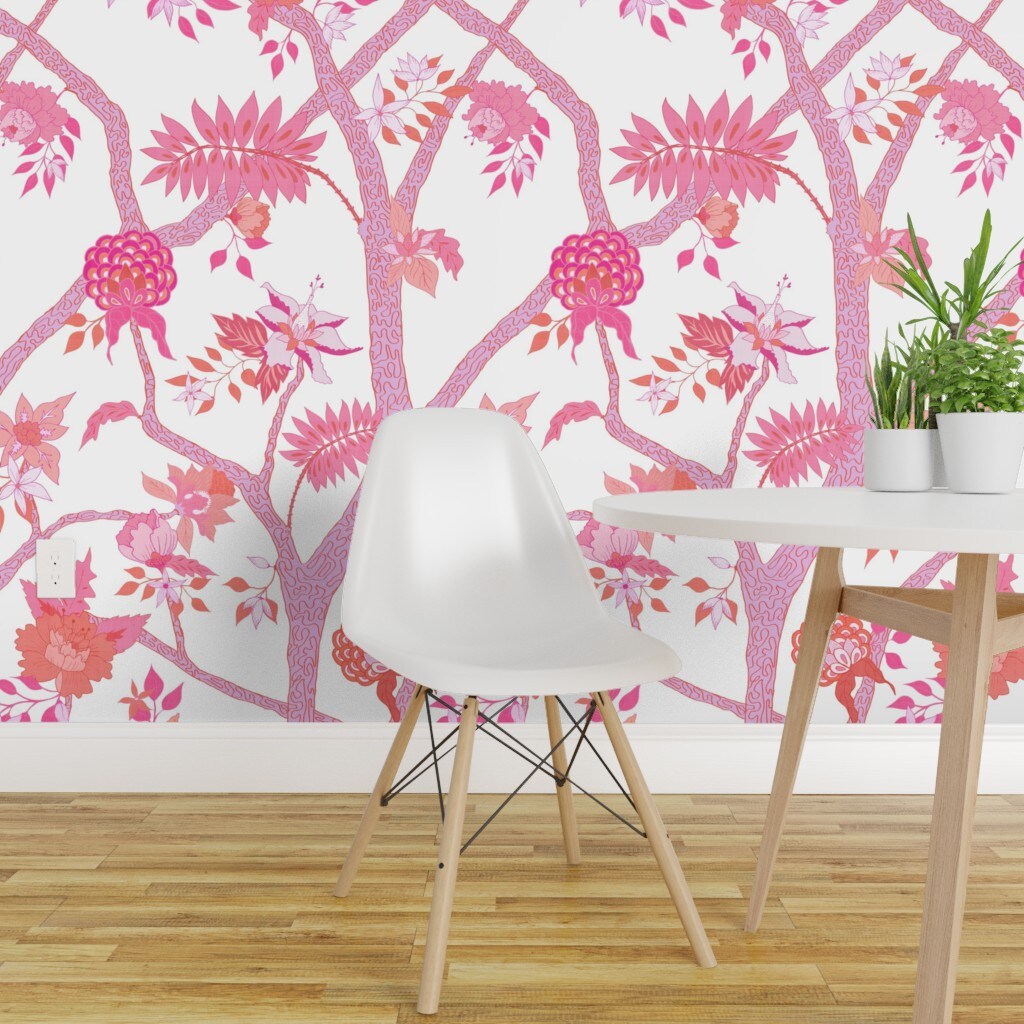 Peel &#x26; Stick Wallpaper 2FT Wide Peony Floral Chinoiserie Large Scale Pink Orange Maximalist Custom Removable Wallpaper by Spoonflower