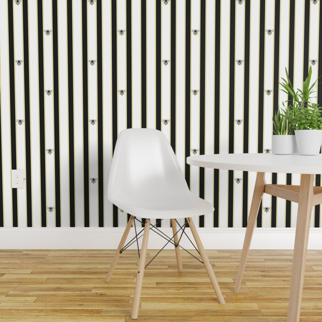 Pre-Pasted Wallpaper 2FT Wide Black Yellow Nature Stripes Bee Insects Bug Honey Modern Keeper Cottagecore Large Scale Custom Pre-pasted Wallpaper by Spoonflower